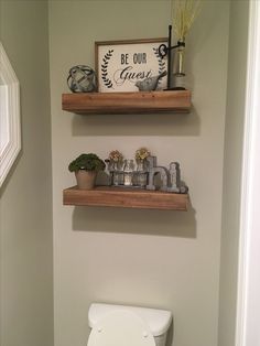 two wooden shelves above a toilet in a bathroom with plants on the top and below