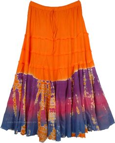 A plus size fresh style ankle length skirt with tiers for a hippie look in a tangy orange color that catches everyone's attention on the street.  Rock the gypsy look with this ultra cool skirt. #tlb #XLPlus #TieredSkirt #Maxi Skirt #TieDye Orange Maxi Skirt For Summer Vacation, Orange Tiered Maxi Skirt For Vacation, Orange Tiered Maxi Skirt For Spring, Orange Maxi Skirt For Spring Beach Outing, Orange Maxi Skirt For Spring Beach Occasion, Orange Maxi Skirt For Spring Beach, Orange Maxi Skirt For Summer, Bohemian Orange Maxi Skirt For The Beach, Vibrant Cotton Skirt For Summer