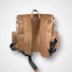 a brown leather backpack with black straps on the front and back ends, sitting against a white background