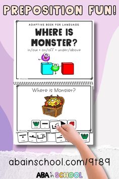 Target prepositions and positional words in this describing game for speech therapy and ABA students activity, perfect for ABA data sheets and tracking IEP progress in your IEP data binder. Engage students with fun monster graphics while they learn and practice essential prepositions like "in," "out," "on," and more. Positional Words Activities, Expressive Language Activities, Speech Therapy Activities Preschool, Positional Words, Data Binders, Preschool Speech Therapy, Core Words, Slp Resources, Language Goals