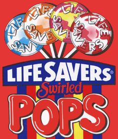 the logo for life savers swirled pops on a red background with an image of lollipops