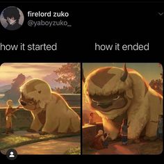 two pictures of an animated creature with the caption, how it started and how it ended