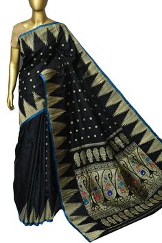 With this latest collection in raven balck color, a pure gadwal silk saree with golden zari work on the body in (gol) butta pattern and meenakari work exclusively on the pallu, with an alluring temple zari border to make it more captivating. Color: A shade of raven black color Technique: Amazing work of golden zari butta work on the body with meenakari zari weaving on the pallu and temple zari border Fabric: Gadwal Silk Quality: Indyvogue's Assurance of Pure Silk Mark Certified Saree Border Fabric, Dupion Silk, Color Techniques, Zari Work, Super Sale, Blouse Piece, Saree Blouse, Pure Silk, Silk Saree