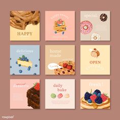 six cards with different types of desserts and pastries on them, all in pastel colors