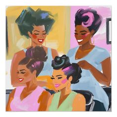 three women are smiling and having their hair done