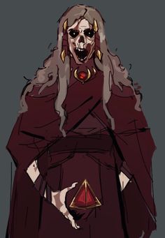 a drawing of a person with long hair and a skull on their head, wearing a red cape