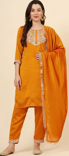 Yellow color Salwar Kameez in Silk fabric with Embroidered, Thread, Zari work Wedding Palazzo Set With Embroidered Border For Diwali, Semi-stitched Embroidered Churidar For Party, Anarkali Kurta With Embroidered Border For Party, Party Anarkali Kurta With Embroidered Border, Festive Churidar With Embroidered Border For Party, Festive Party Churidar With Embroidered Border, Party Eid Churidar With Embroidered Border, Diwali Party Churidar With Embroidered Border, Party Semi-stitched Salwar Kameez With Embroidered Border