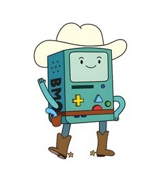 a cartoon character wearing cowboy boots and a hat with the word bmo on it