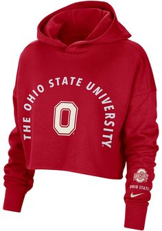 Wear your Buckeyes spirit with pride in this Ohio State Buckeyes Long Sleeve Hoodie! Fight off the chill in this The Ohio State University Womens Red Campus Crop Hooded Sweatshirt. This Buckeyes Long Sleeve Hoodie features a screen print team name and logo on center chest. Cute Ohio State Game Day Outfits, Nike Hooded Hoodie For Sports Season, Nike Fleece Hoodie With Pockets, Sports Hoodie With Drawstring, Nike Hoodie Sweatshirt With Pockets, Sporty Fleece Hoodie With Drawstring, Nike Collegiate Hoodie With Drawstring Hood, Nike Hooded Hoodie, Sportswear Cotton Hoodie With Drawstring