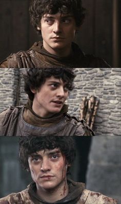 three different pictures of the same person in game of thrones, one with his hair pulled back