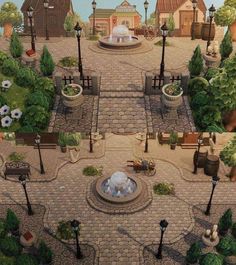 an artistic rendering of a courtyard with a fountain