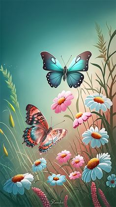 two butterflies are flying over some flowers