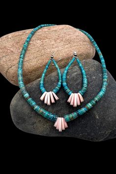 Santo Domingo Handmade Sterling Silver Natural Turquoise Pink Conch Shell Heishi Bead Earrings Jacla Necklace Set Orders totaling $100 and up will receive an anti-tarnish treated velvet jewelry pouch! Necklace measures approximately 18" with 1.75" extender to finish at 19.75 The beads graduate from approximately 3.5mm to 16mm Earring drop measures approximately 3 5/8" Earrings without hook measure approximately 2 7/8" X 1 1/4"  Beads graduate from approximately 3mm to 16mm Total weight is approx Turquoise Teardrop Polished Bead Jewelry, Turquoise Teardrop Jewelry With Polished Beads, Traditional Turquoise Single Strand Jewelry, Bohemian Single Strand Teardrop Jewelry, Artisan Hand-strung Teardrop Jewelry, Hand-strung Turquoise Dangle Jewelry, Traditional Hand-strung Dangle Jewelry, Heishi Bead Earrings, Heishi Earrings