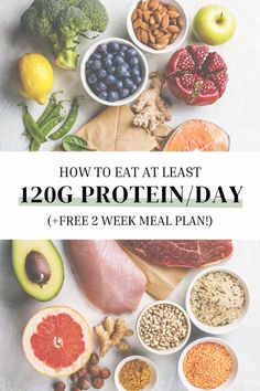 an image of food with the words how to eat least 120g protein / day