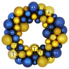 blue and gold christmas ornament wreath