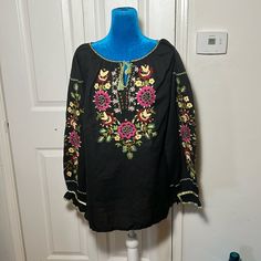 J Peterman Floral Embroidered Blouse Medium Nwot Black With Colorful Floral Embroidered Print Long Sleeved Size Medium 23 Inches Pit To Pit 29 Inches Top Of Shoulder To Hem Nwot J Peterman Floral Embroidered Blouse Medium Nwot Black Peasant Top With Floral Embroidery, Black Embroidered Peasant Top, Black Peasant Blouse With Floral Embroidery, Long Sleeve Blouse With Multicolor Embroidery, Black Embroidered Tunic Blouse, Spring Embroidered Black Peasant Top, Spring Multicolor Embroidered Tunic Blouse, Spring Tunic Blouse With Multicolor Embroidery, Black Embroidered Peasant Blouse