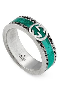 A rich turquiose hue adds color to this distressed sterling silver band punctuated by the emblematic interlocking Gs. Style Name:Gucci Men's Interlocking-G Band Ring. Style Number: 6172555. Jewelry Png, G Ring, Gucci Jewelry, Gold Ounce, Men Jewelry, Enamel Ring, Silver Enamel, Sterling Silver Bands, Gucci Men