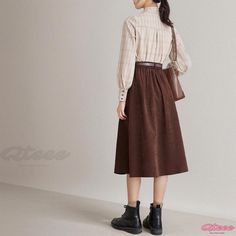 Qteee - Chic Midi Skirt with Waist Belt - Corduroy High-Waisted Knee-Length A-Line Umbrella Skirt High-waisted Brown Corduroy Skirt, High-waist Corduroy Skirt For Fall, Brown Cotton Skirt For Winter, High Waist Corduroy Skirt For Fall, Corduroy Skirt For Fall Workwear, Casual Corduroy Skirt For Fall, Casual Corduroy Skirt For Winter, Fall Corduroy Skirt For Workwear, Fall Corduroy Skirt With Pockets