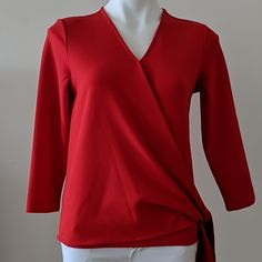 Red Wrap Shirt With Bow On The Bottom Line. Beautiful Design, Great For The Holidays! Red V-neck Top For Workwear, Red V-neck Top For Work, Red Stretch Tops For Work, Red Stretch Top For Workwear, Red V-neck Shirt For Workwear, Red Stretch Top For Work, Casual Red Tops For Work, Taylor Red, Wrap Shirt