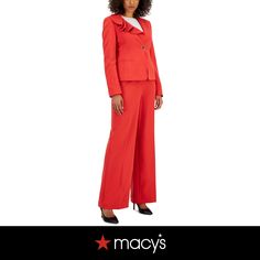 in stock Chic Spring Career Suits, Chic Spring Suits For Career, Chic Spring Career Pantsuit, Chic Spring Career Sets, Elegant Fall Ruffled Sets, Elegant Ruffled Sets For Fall, Elegant Fall Sets With Ruffles, Spring Workwear Sets With Ruffles, Spring Ruffled Blazer For Work