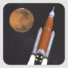 an orange and white rocket with the moon in the background