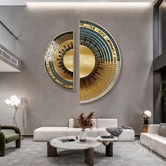 a living room with two couches and a coffee table in front of a circular painting on the wall