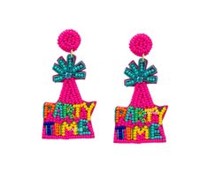 a pair of pink and blue beaded earrings with the words party time on it