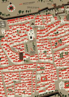 an illustrated map of a city with lots of red buildings and trees on the sides