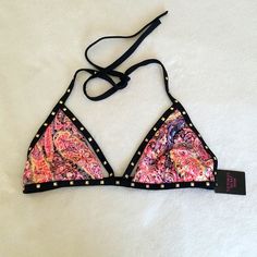 New Victoria's Secret Paisley Print Gold Studded Strappy Bikini Top. Size Large. Super Cute! Beautiful Colors! Tags, Pairs Well With: Vs Victoria's Secret Swim Swimsuit Swimwear Bikini Top Gold Studs Paisley Print Pool Beach Vacation Summer Rare Htf Hard To Find Limited Edition Net Nwt Beachwear Swimwear With Paisley Print And Triangle Top, Summer Swimwear With Paisley Print And Stretch, Summer Paisley Print Stretch Swimwear, Summer Stretch Swimwear With Paisley Print, Pink Triangle Halter Top For Festivals, Beach Swimwear With Paisley Print And Stretch Fit, Paisley Print Triangle Top Swimwear For Beach Season, Stretch Paisley Print Swimwear For Beach, Stretchable Paisley Print Swimwear For Beach