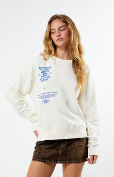 Elevate your casual style with The Sometimes Crew Neck Sweatshirt. This sweatshirt features a classic crew neckline and long sleeves. It showcases a playful "Sometimes You Just Need To Drink Tequila With Your Friends" graphic on both the front and back, adding a fun touch to your relaxed look. Solid color sweatshirtLong sleevesCrew necklineLong sleevesLos Sundays graphicsRibbed trimming50% cotton, 50% polyesterMachine washableModel is wearing a size smallModel measurements: 5’9” height, 32” bust, 23” waist, 34.5” hips Los Sundays Womens The Sometimes Crew Neck Sweatshirt - White size Small Trendy Crew Neck Sweater With Screen Print, White Graphic Print Sweats With Relaxed Fit, White Relaxed Fit Sweats With Graphic Print, White Graphic Print Sweats Relaxed Fit, Relaxed Fit Long Sleeve Sweater With Letter Print, Relaxed Fit Letter Print Long Sleeve Sweater, Crew Neck Sweatshirt With Text Print For Spring, Spring Crew Neck Sweatshirt With Text Print, White Crew Neck Sweatshirt With Text Print