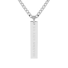 A men's necklace with meaning. Engrave the roman numerals of a special date in this stainless steel vertical pendant. Wear this custom piece with pride. Engraved Stainless Steel Necklace With Square Pendant, Engraved Stainless Steel Square Pendant Necklace, Classic Stainless Steel Necklace With Rectangular Pendant, Classic Stainless Steel Rectangular Pendant Necklace, Rectangular Stainless Steel Necklaces With Engraved Text, Rectangular Stainless Steel Necklace With Engraved Text, Classic Silver Necklace With Engraved Text, Classic Silver Necklaces With Engraved Text, Necklace With Meaning