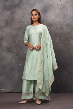 Shop stunning mint green palazzo suit online in USA with matching dupatta. Get set for weddings and festive occasions in exclusive designer Anarkali suits, wedding gown, salwar suits, gharara suits, Indowestern dresses from Pure Elegance Indian fashion store in USA.-full view Indowestern Dresses, Gharara Suits, Designer Anarkali Suits, Suits Wedding, Palazzo Suit, Designer Anarkali, Fashion Journals, Traditional Fabric, Anarkali Suits