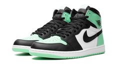 The Air Jordan 1 High OG "Green Glow" is a colorway of Michael Jordan’s first signature shoe with an appealing color block.  The classic and always popular retro basketball sneaker in the “Green Glow” colorway features a white leather base with black leather overlays on the toe cap, forefoot, and eyelets.  A black leather Swoosh can be seen on the mid-panel.  Green Glow accenting appears on the leather overlays on the collar and heel.  The eye-grabbing green hue is also found on the “Nike Air” branding on the tongue tag and on the rubber outsole underneath the white rubber midsole.  Release date: Summer 2024 Glow Shoes, Jordan Golf, Green Jordans, Nike X Travis Scott, Retro Basketball, Kicks Shoes, Custom Made Shoes, Jordans Women, Cute Nike Shoes