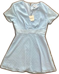 Light Blue V-neck Mini Dress For Casual Wear, Light Blue Short Sleeve Mini Dress For Date Night, Light Blue V-neck Lined Dress, Light Blue Lined V-neck Dress, Light Blue V-neck Dress For Night Out, Dressy Blue Mini Dress For Summer, Pretty Blue Dress, Blue Dress, Blue Dresses