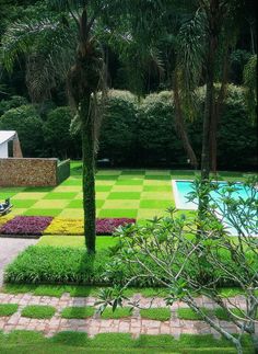 a large yard with a pool surrounded by trees