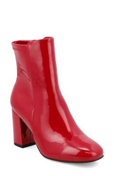 This almond-toe bootie cut from sleek faux leather is lofted by a wrapped block heel. 2 3/4" heel 5 1/4" shaft Water-resistant Synthetic upper, lining and sole Imported Priority Boot Steve Madden, Tall Red Boots, Patent Leather Booties, Mia Mia, Red Booties, Steve Madden Sneakers, Fall Boots, Red Boots, Baby Boy Shoes