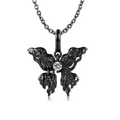 Like a nocturnal butterfly emerging from the shadows, this necklace encapsulates the allure of the night. Adorned with a pristine white gemstone, this exquisite piece is crafted from sterling silver and coated with a sleek black electroplating, embodying the essence of the dark aesthetic. Its intricate design showcases the delicate wings of the butterfly, meticulously crafted to evoke a sense of mystery and enchantment.Width: 19 mmHeight: 20.7 mmMaterial: 925 SilverStone Type: Jeulia® StonePlati Silver Jewelry With Butterfly Charm For Formal Occasions, Formal Butterfly Charm Pendant Necklace, Elegant Metal Butterfly Necklace With Clavicle Chain, Formal Necklace With Butterfly Charm Pendant, Elegant Silver Metal Butterfly Necklace, Formal Pendant Necklace With Butterfly Charm, Formal Butterfly Charm Pendant Jewelry, Elegant Metal Butterfly Necklace With Adjustable Chain, Butterfly Shaped Stainless Steel Necklace For Gift