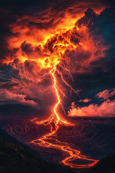 a lightning bolt hitting through the sky over a mountain range at night with bright orange and red clouds