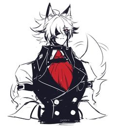 an anime character with white hair and red eyes, wearing black overalls while standing in front of a white background