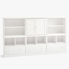 a white bookcase with drawers and doors