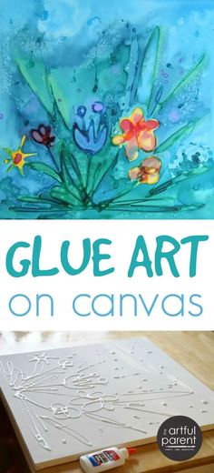 an art project for kids that uses glue and watercolors to paint the flowers on canvas