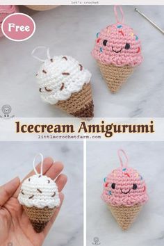 crochet ice cream amigurmi ornament is shown in three different pictures