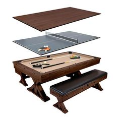 a pool table with two ping pong tables and a bench