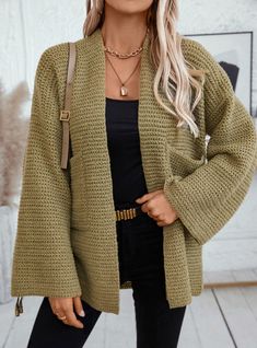 Solid Color Pocket Casual Loose Long Sleeve Sweater Coat Boho Cardigan, Open Sweater, Loose Long Sleeve, Sweater Coat, Round Neck Sweaters, Floral Jumpsuit, Plus Size Maxi Dresses, Chunky Knits Sweater, Sleeve Cardigan