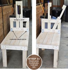 two wooden benches made out of pallets with the words hook and eye on them