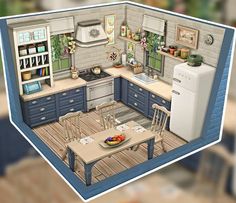 an animated kitchen with blue cabinets and white appliances, including a table in the center