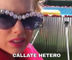 a close up of a person wearing sunglasses near an inflatable pool with text that reads, calate hetro