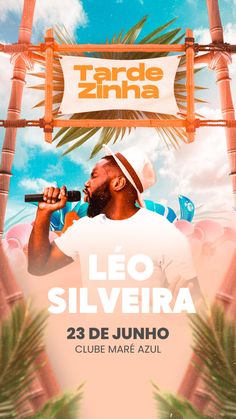 a poster for a concert with a man holding a microphone in front of palm trees