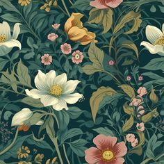 a floral wallpaper with many different flowers and leaves on the side, all in shades of green