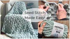 the instructions to crochet a seed stitch blanket are shown in three different pictures